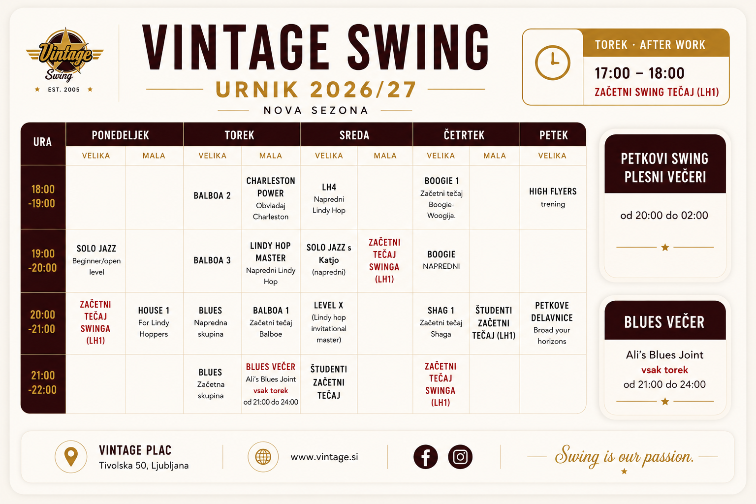 Urnik plesne sezone 2026/27 Vintage Swing Ljubljana