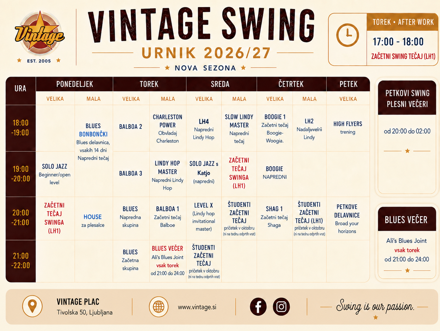Urnik tedna odprtih vrat Vintage Swing Ljubljana 2026/27