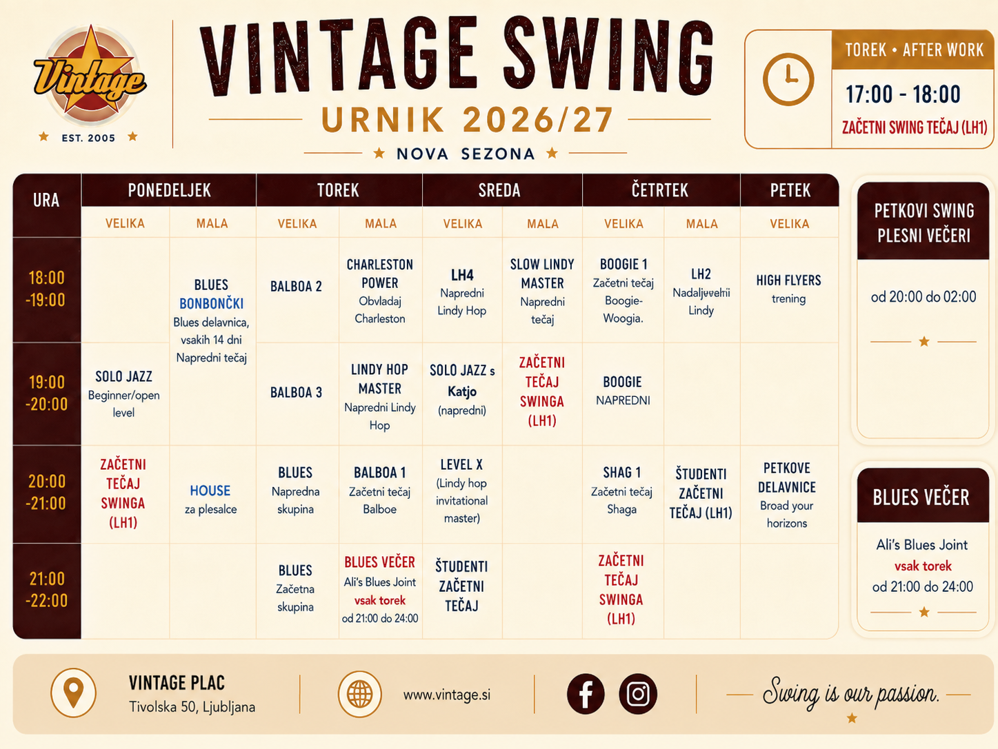 Urnik swing plesnih tečajev Vintage Swing Ljubljana 2026/27